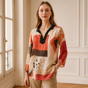 Magaschoni Collection Silk blouse Tunic Beaded Collar Double layer Chiffon